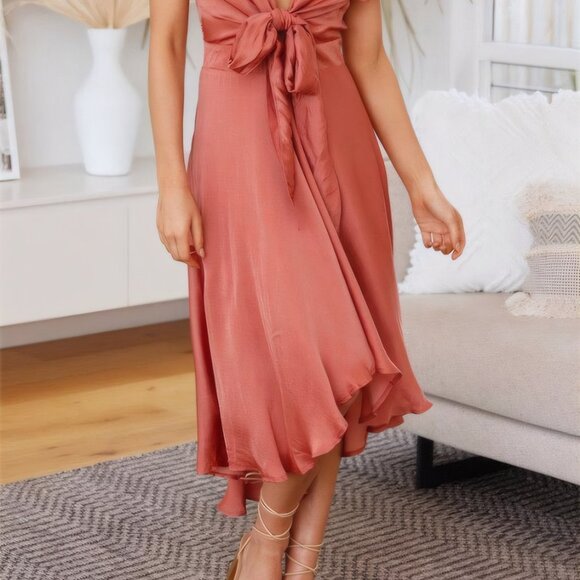 High-Low Plunge Flutter Sleeve Dress | Formal Fit & Flare Dress - Picture 6 of 9